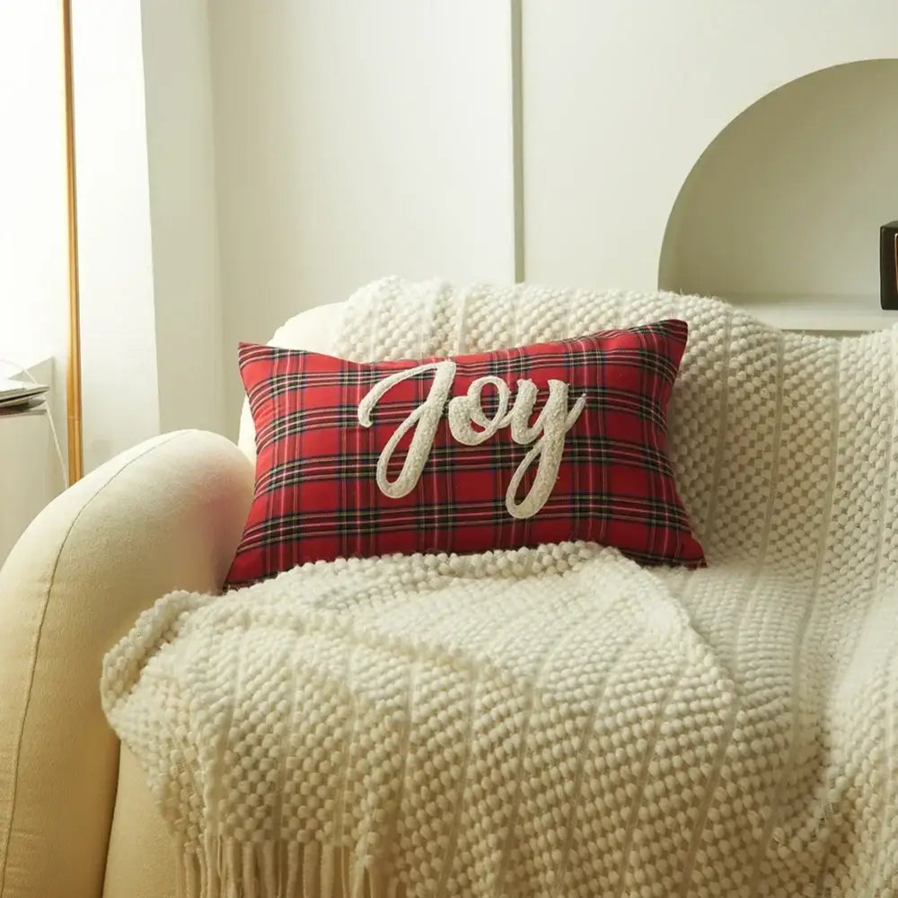 Decorbites christmas plaid red plaid print pillow with embroidered white joy for festive holiday home decor