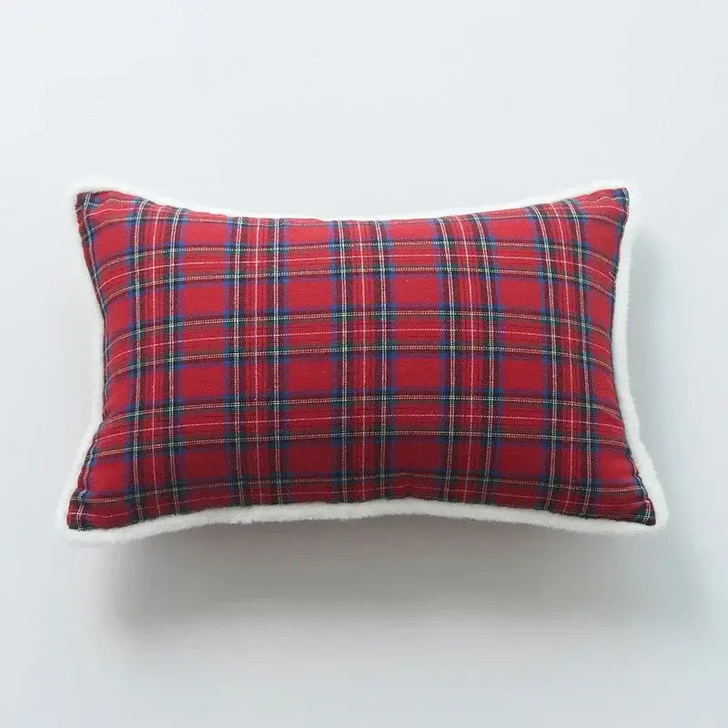 DecorBites Christmas plaid print pillow case set featuring a red plaid cushion with white faux fur trim