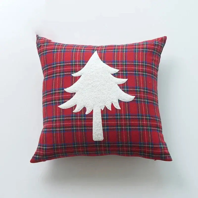 Decorbites christmas plaid red plaid print pillow case with white felt tree appliqué for festive holiday decor