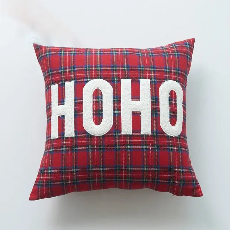 Decorbites christmas plaid red plaid print pillow with white embroidered ho ho letters for festive holiday decor