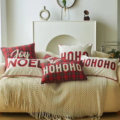 Decorbites christmas plaid red and white plaid print pillow cases with embroidered holiday text for festive decor