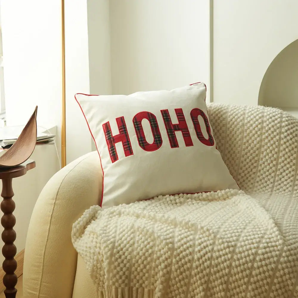 Decorbites christmas plaid white cushion with red plaid print ho ho lettering and matching stitched border pillow case