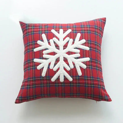 Red plaid cushion with white embroidered snowflake design in decorbites christmas plaid print pillow case set