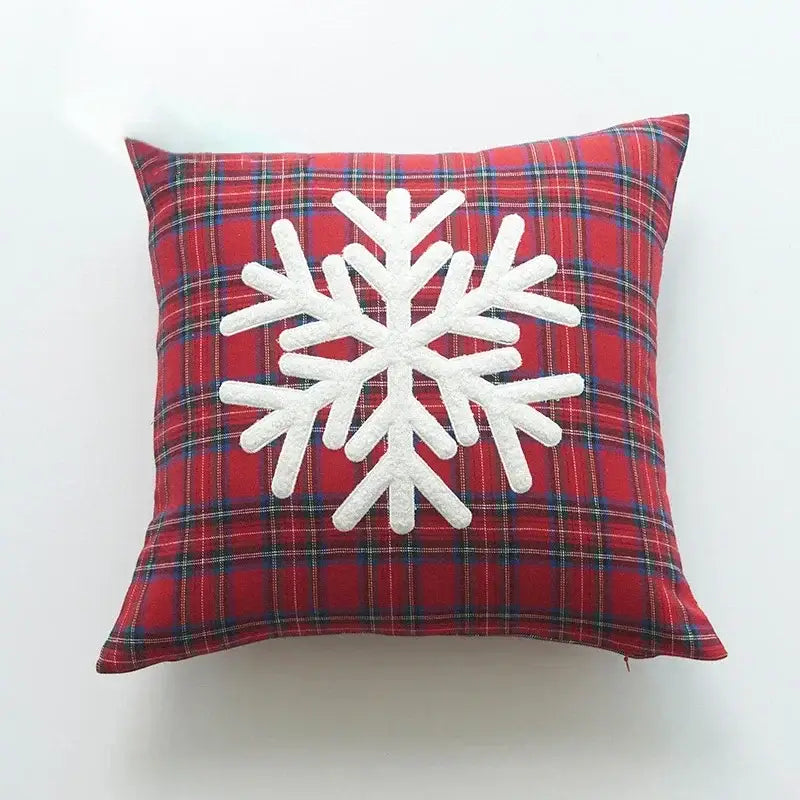Red plaid cushion with white embroidered snowflake design in decorbites christmas plaid print pillow case set