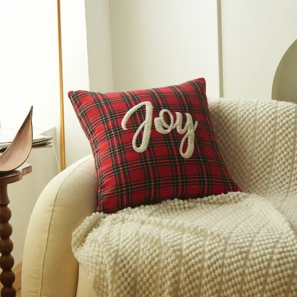 Decorbites christmas plaid red plaid print pillow with embroidered white joy lettering for festive holiday decor