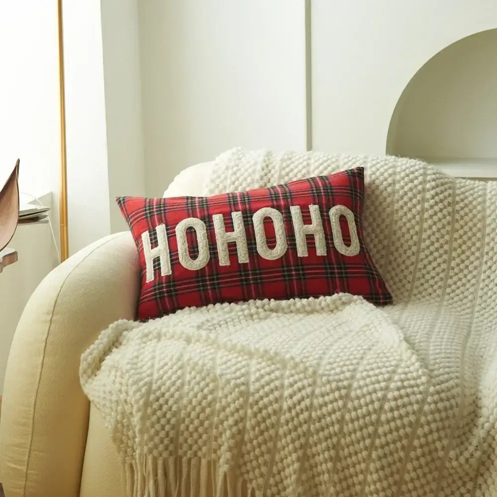 Decorbites christmas plaid red plaid print pillow case with cream embroidered hohoo for festive holiday decor