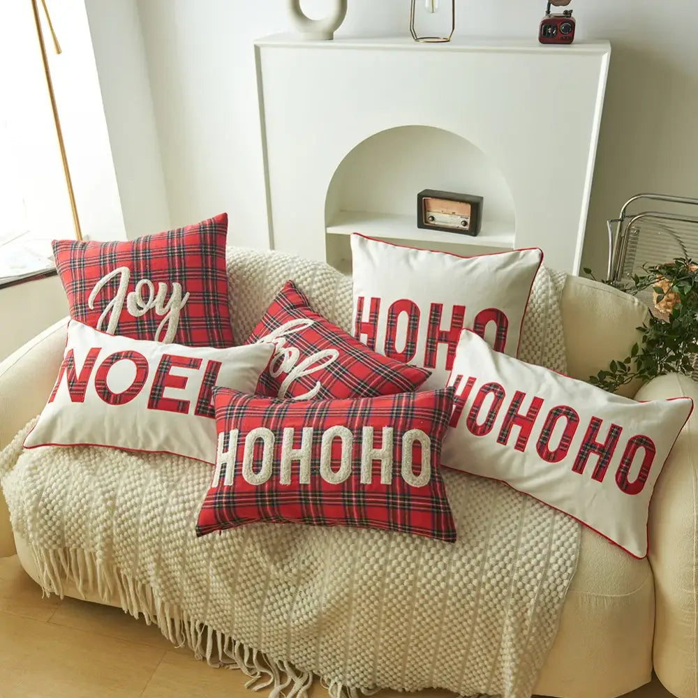 Decorbites christmas plaid throw pillows with red and white plaid print and embroidered holiday messages for festive decor