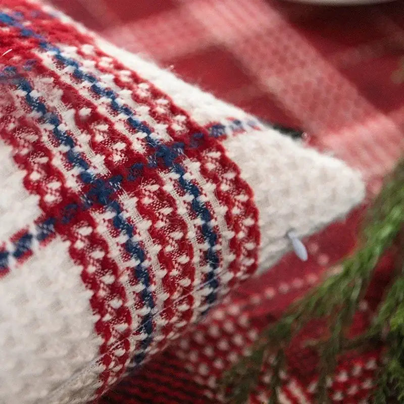 DecorBites™ christmas plaid weave cushion cover with cozy red and blue textured throw on white base
