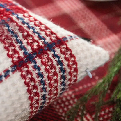 DecorBites™ christmas plaid weave cushion cover with cozy red and blue textured throw on white base