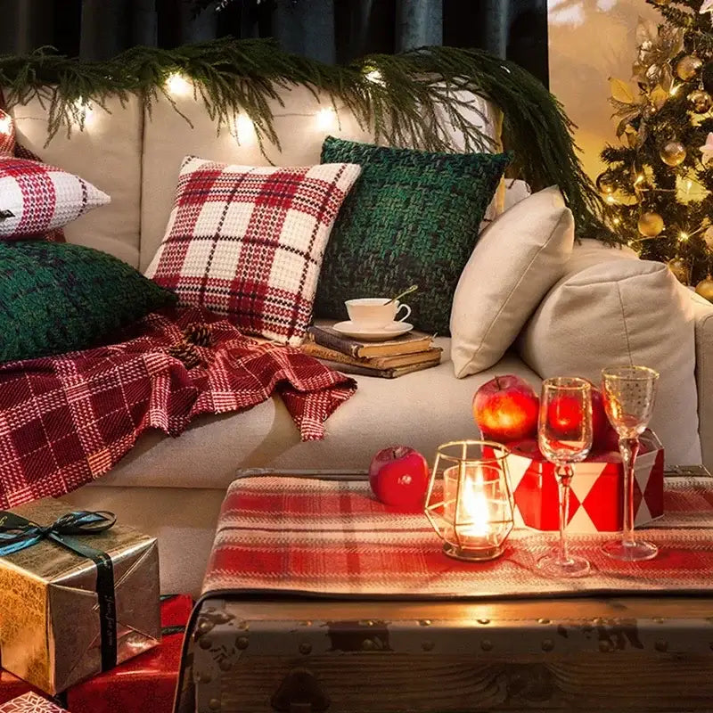 Cozy beige sofa with decorbites™ christmas plaid weave cushion cover and matching red and white throw blanket