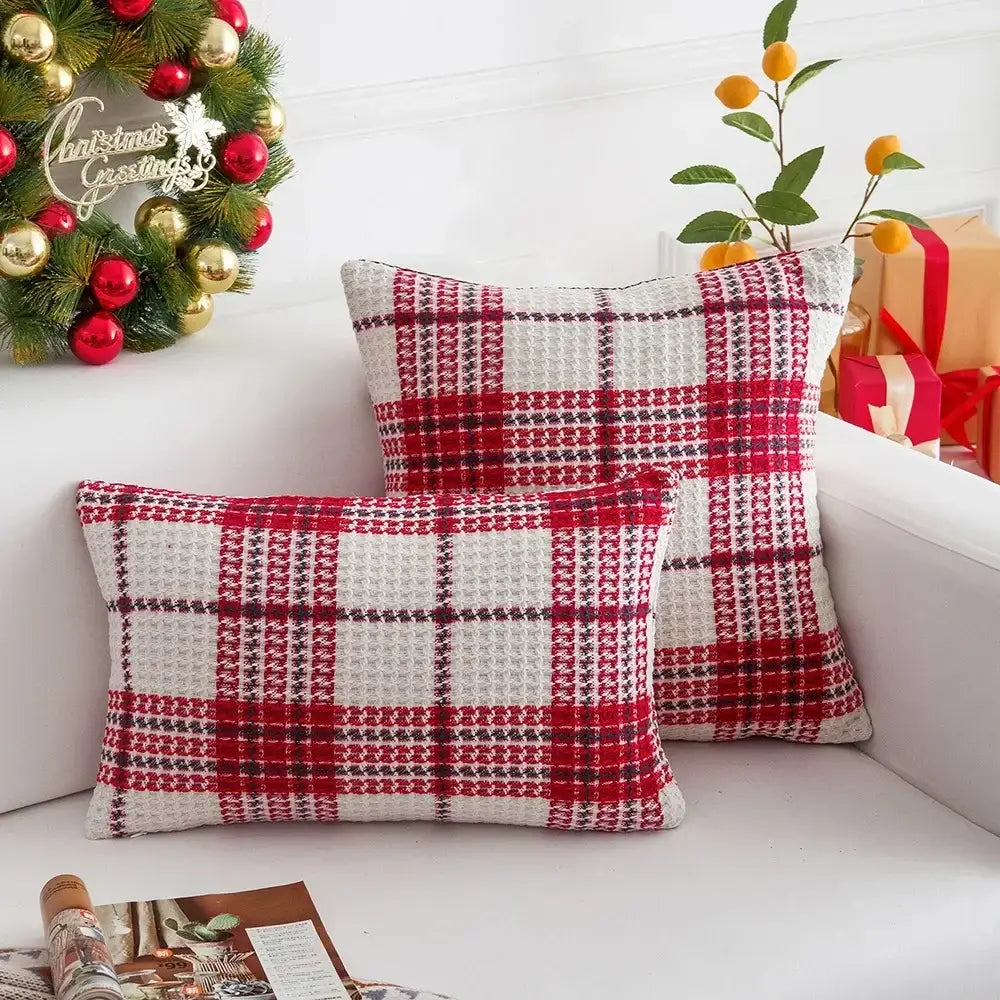 DecorBites™ christmas plaid weave cushion cover with red and white textured throw pillow design for festive decor