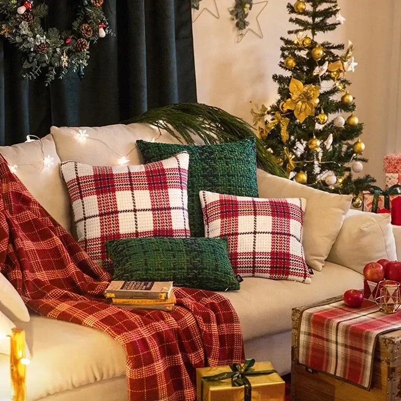 DecorBites™ christmas plaid weave cushion cover in red and white with textured woven fabric for festive decor