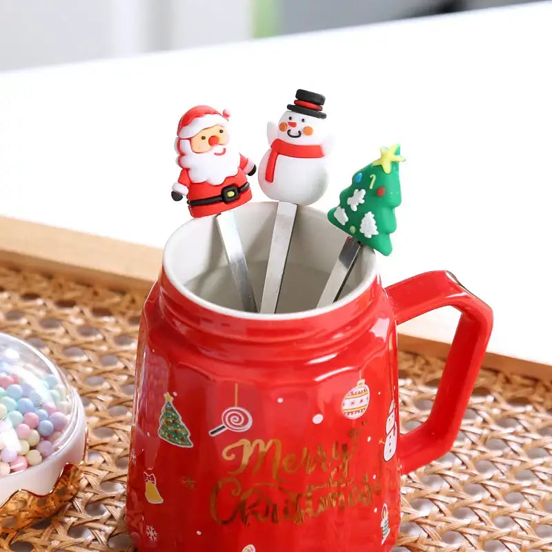 Red ceramic mug with gold merry christmas script and festive spoons by decorbites christmas planet ceramic gift cup