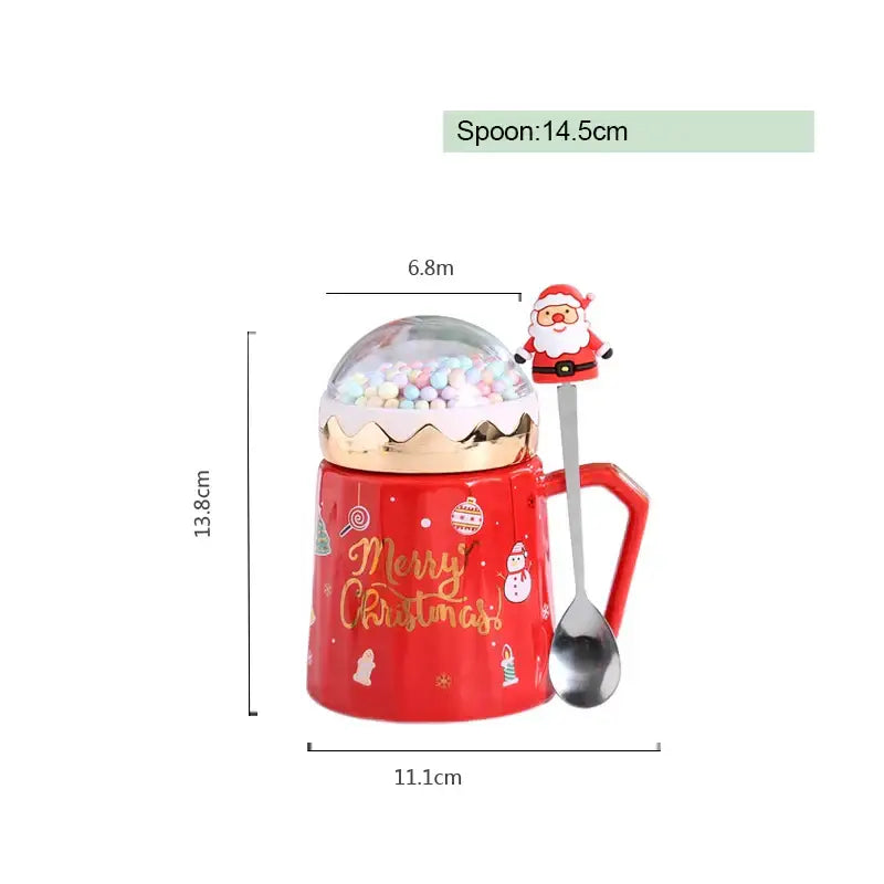 Red ceramic mug with gold foil merry christmas text and clear dome lid filled with pastel snowballs decorbites christmas planet
