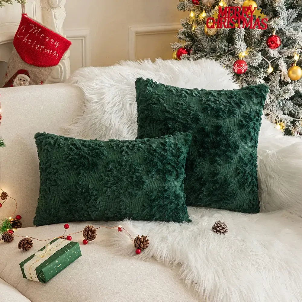 Deep green decorbites christmas plush throw pillows with textured, fringed plush pillow case set for festive holiday decor