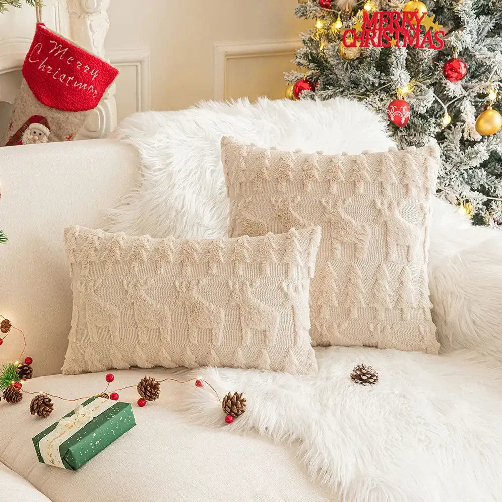 Cream-colored decorbites christmas plush knit throw pillows with textured tree and deer patterns for festive decor