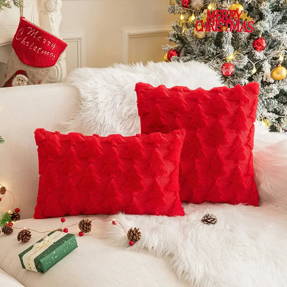 Decorbites christmas plush vibrant red textured throw pillow case set with plush fuzzy surface and ruffled edges for holiday decor