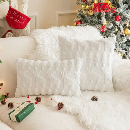 Decorbites christmas plush white textured throw pillows with embroidered reindeer on fur sofa for holiday decor