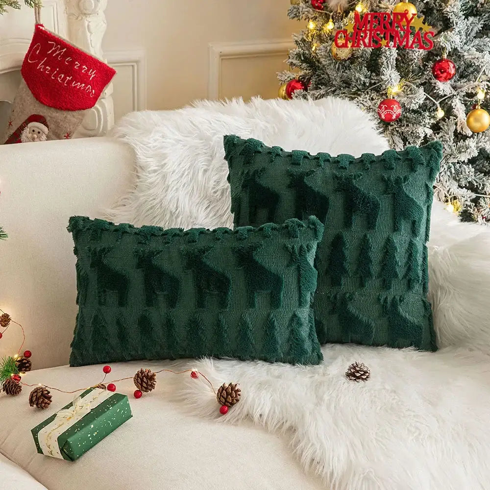 DecorBites Christmas plush deep green corduroy pillow case set with embroidered reindeer pine trees and fringed edge