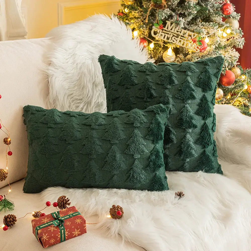 Deep green decorbites christmas plush pillowcase with raised pine tree texture on white fur blanket for sofa decor