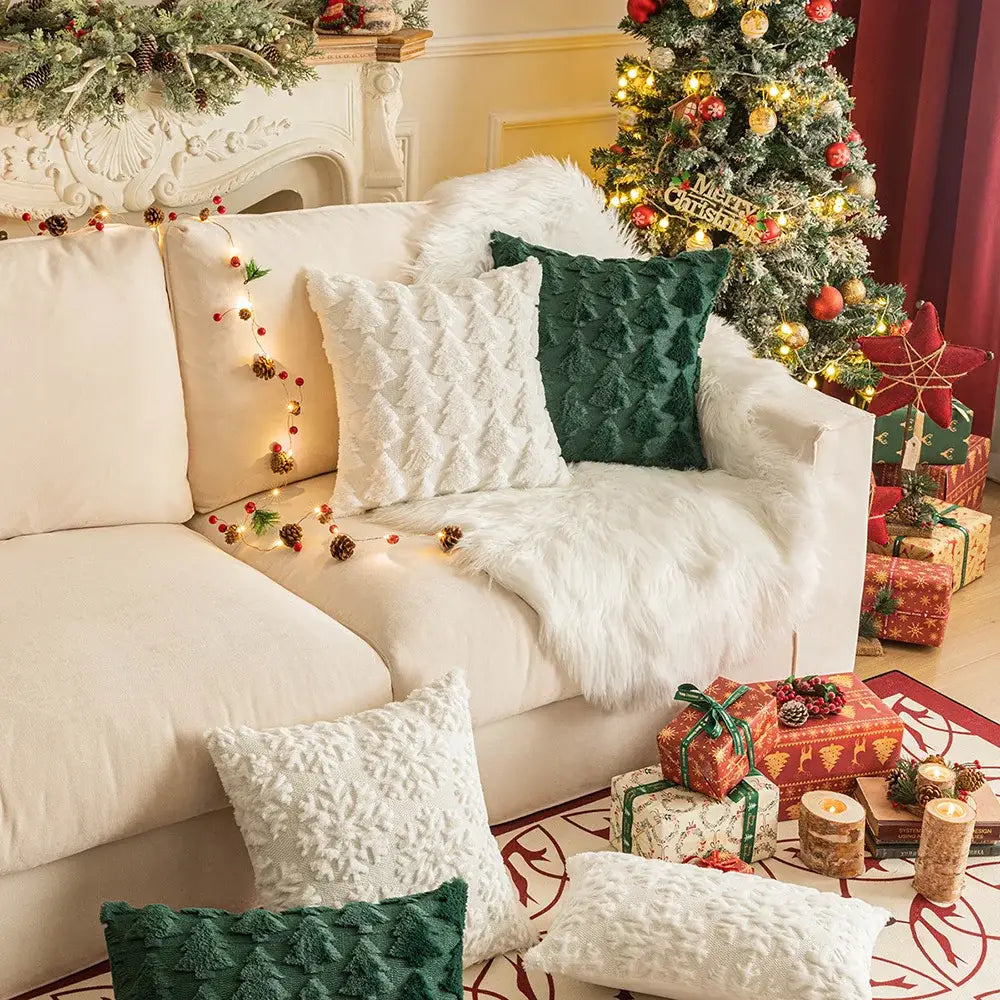 White textured throw pillows with green tree-patterned accents in decorbites christmas plush pillowcase for living room sofa