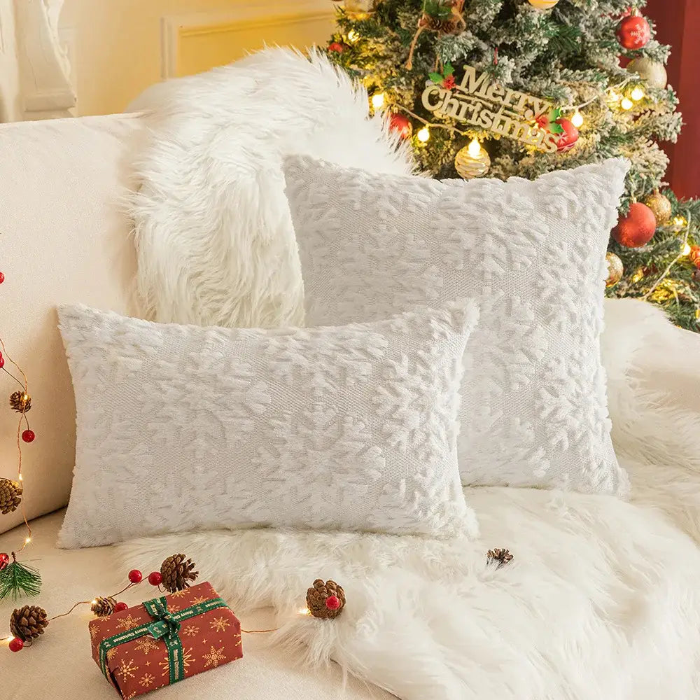 DecorBites Christmas plush white throw pillows with snowflake pattern made of soft knit fabric for sofa cushions