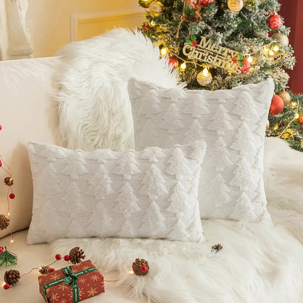 White textured decorbites christmas plush pillowcase with raised tree pattern on fluffy surface for sofa cushion cover
