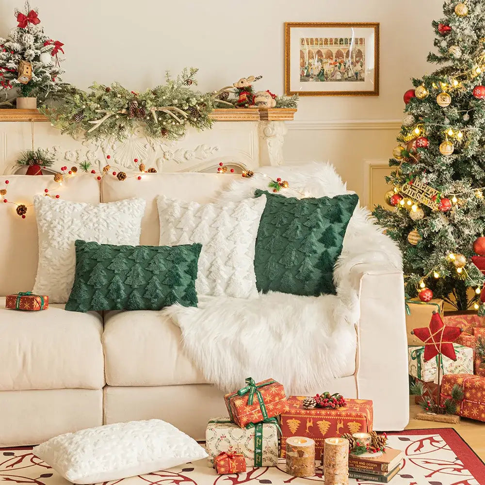 Set of three decorbites christmas plush throw pillows in deep green with white tree patterns and textured fabric finish