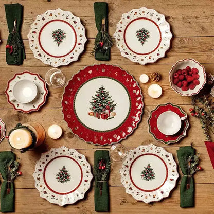 Red ceramic christmas tree dinner plate with scalloped edge and decorative border from decorbites christmas porcelain tableware set