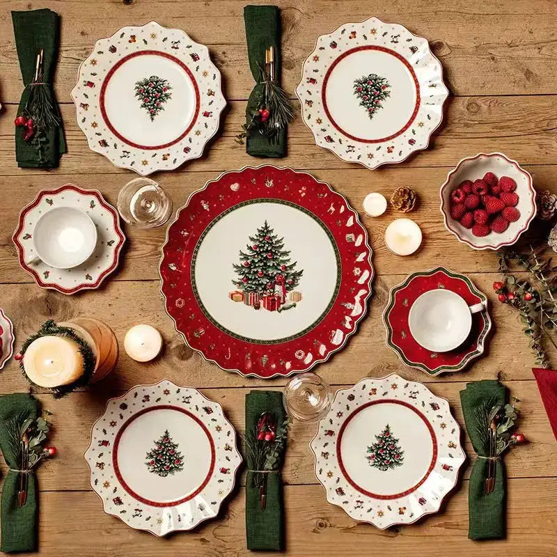 Red ceramic christmas tree dinner plate with scalloped edge and decorative border from decorbites christmas porcelain tableware set