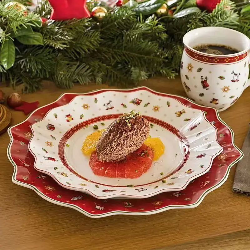 Red and white scalloped porcelain plate with festive holiday motifs from decorbites christmas porcelain tableware set
