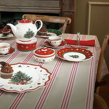 White ceramic teapot with red accents and christmas tree design from decorbites christmas porcelain tableware set