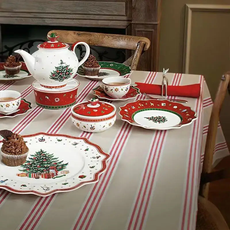 White ceramic teapot with red accents and christmas tree design from decorbites christmas porcelain tableware set