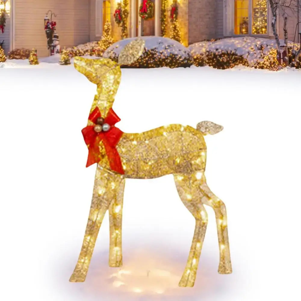 Gold led light outdoor decorbites christmas reindeer with red bow and silver ornaments for outdoor decor display
