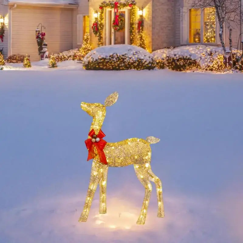 Golden illuminated decorbites christmas reindeer elk led light outdoor decor with red bow and bells sculpture