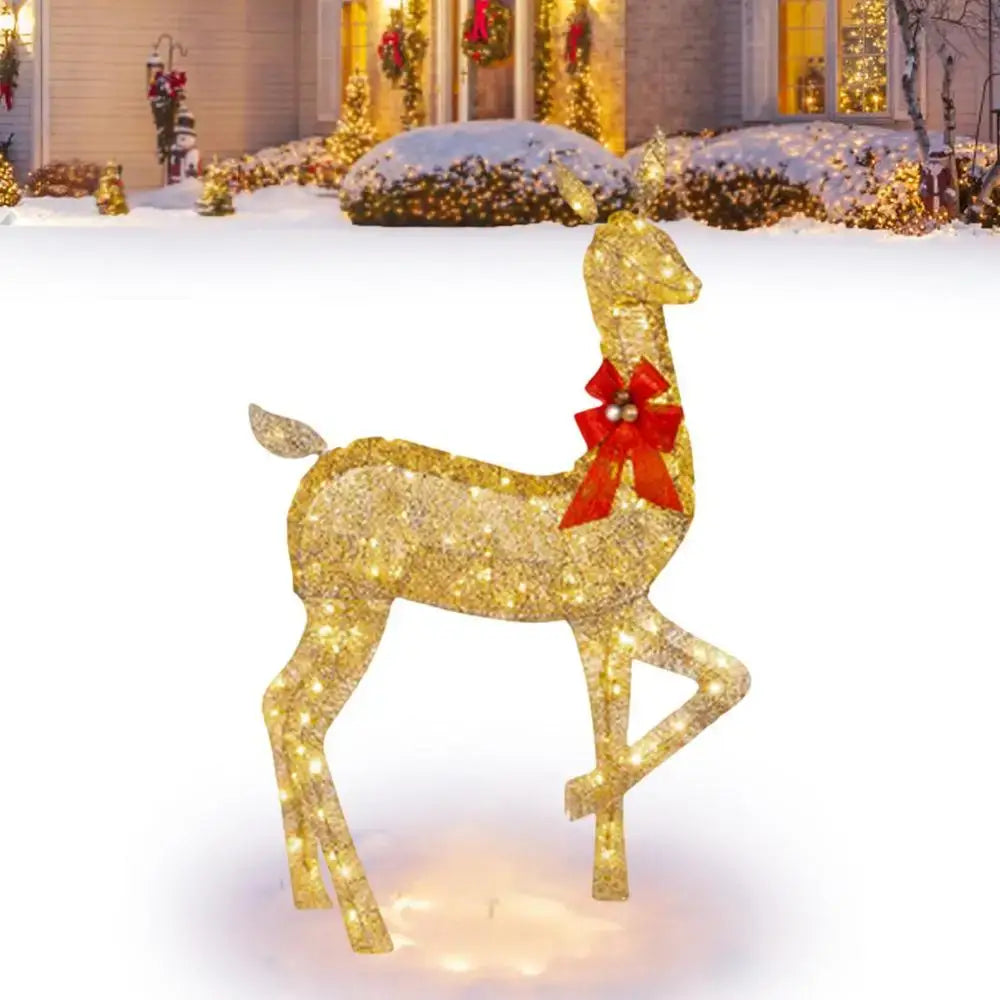Decorbites christmas reindeer elk led light outdoor decor sculpture golden with red bow standing in snow