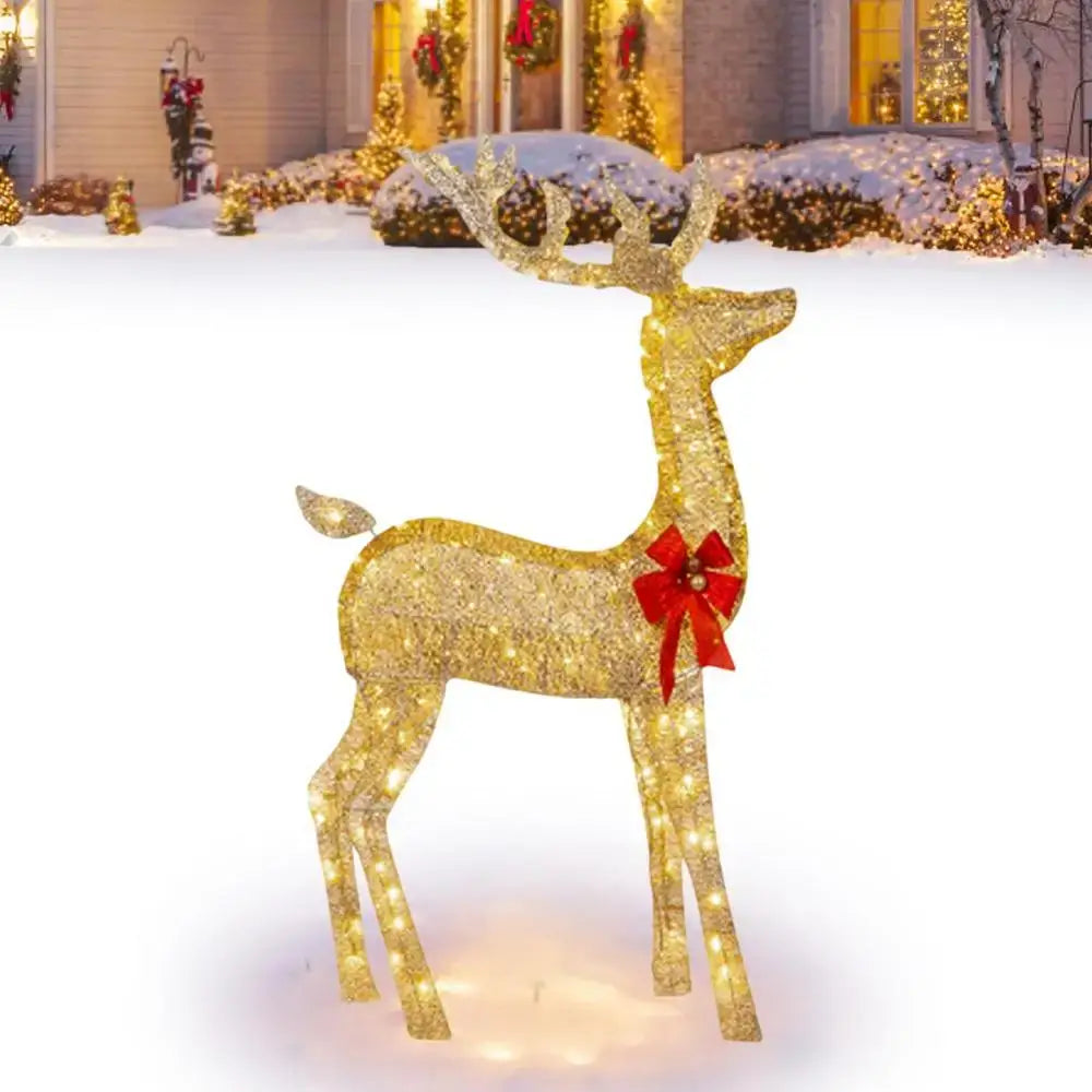 Decorbites christmas reindeer elk led light outdoor decor features a golden illuminated sculpture with a red bow