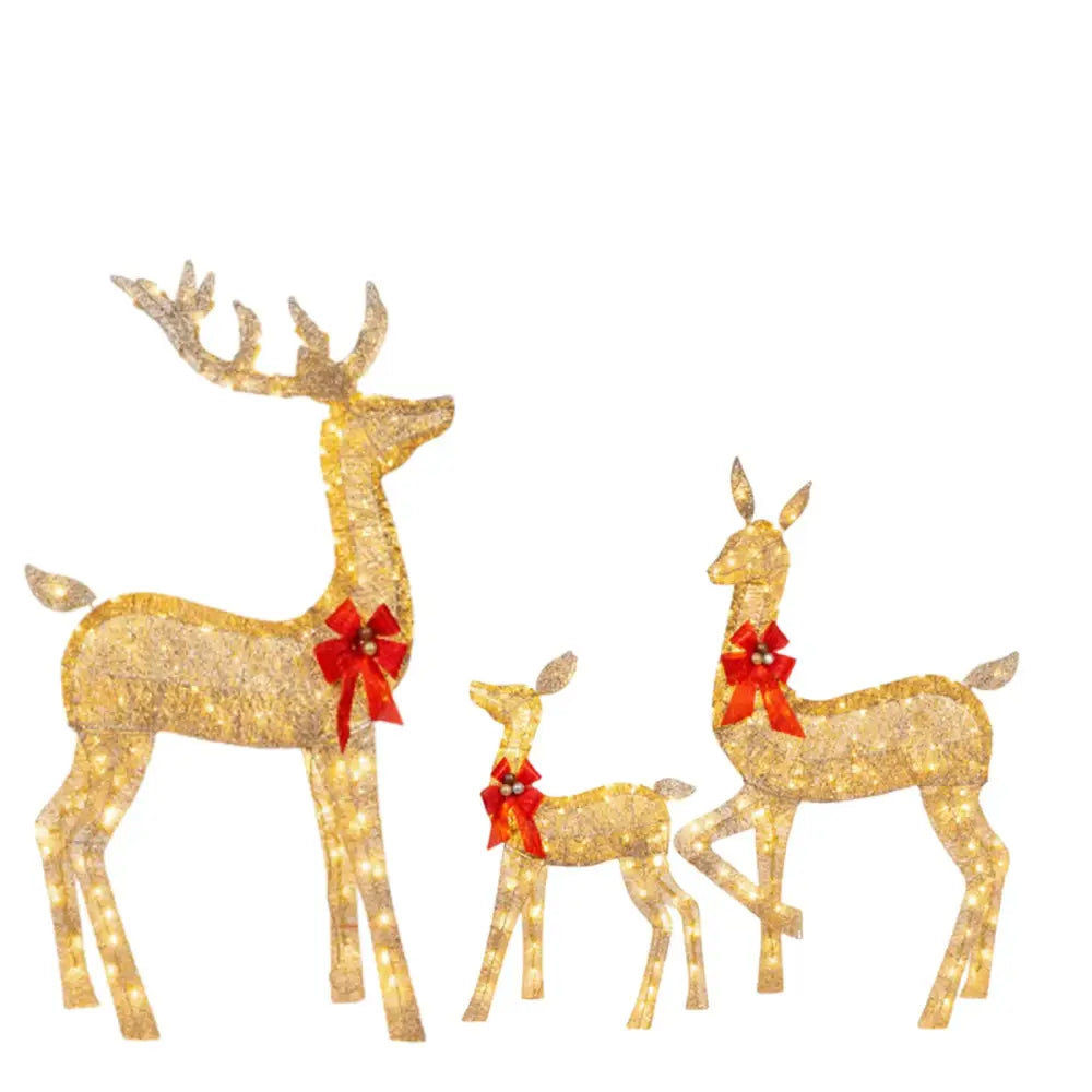 Decorbites christmas reindeer golden led light outdoor decor elk sculpture set with red bows for festive display