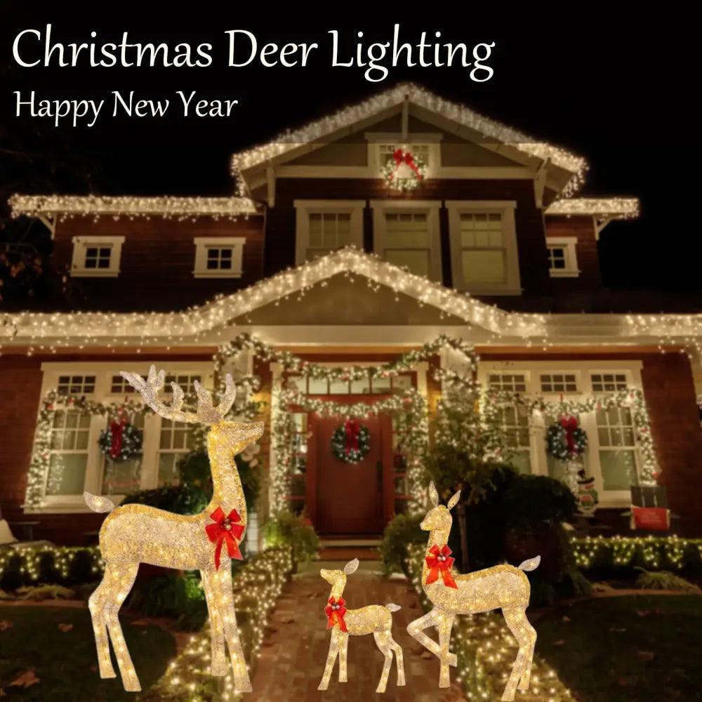 Golden led light outdoor decorbites christmas reindeer elk figurines with red bows and antlers in front of decorated house