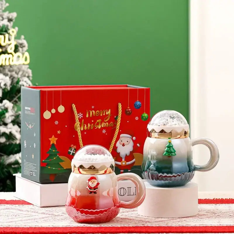 Decorbites christmas santa ceramic mug with red and blue gradient and snow globe lids featuring santa claus designs
