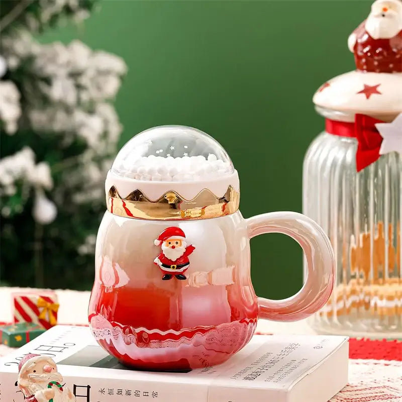 Decorbites christmas santa ceramic mug with lid features festive red and white ceramic with gold-trimmed snow globe and santa figurine