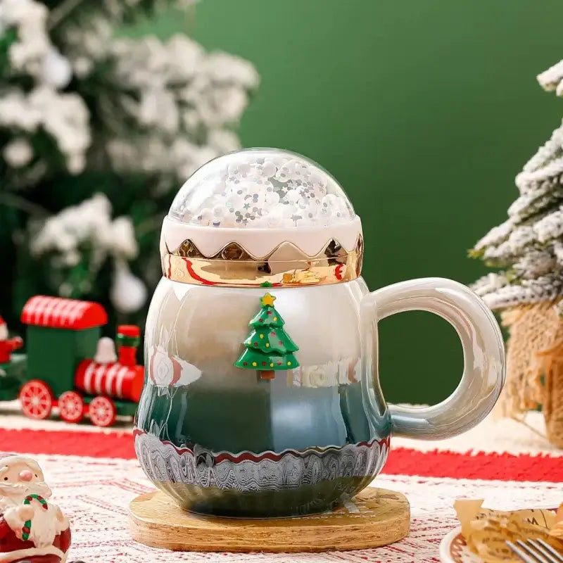 A decorbites christmas santa ceramic mug with lid featuring a white to green gradient and gold accents for festive use