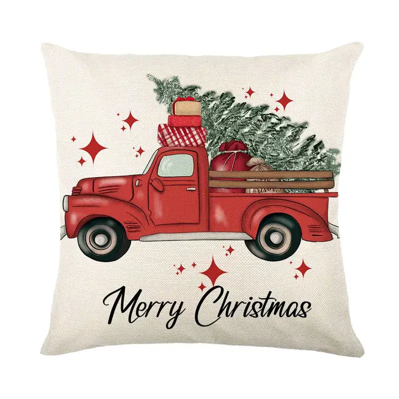 Beige decorbites christmas santa linen pillow cover featuring a red vintage truck with christmas tree and gifts with merry christmas text