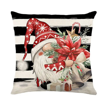 Red and white patterned gnome-themed decorbites christmas santa claus linen pillow cover with black cream stripes background