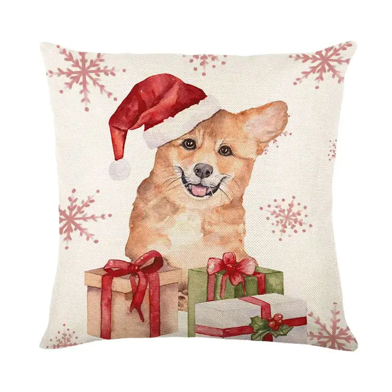 Beige linen pillow cover featuring a cheerful tan corgi wearing a red santa claus hat by decorbites christmas santa