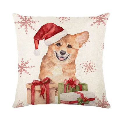 Beige linen pillow cover featuring a cheerful tan corgi wearing a red santa claus hat by decorbites christmas santa