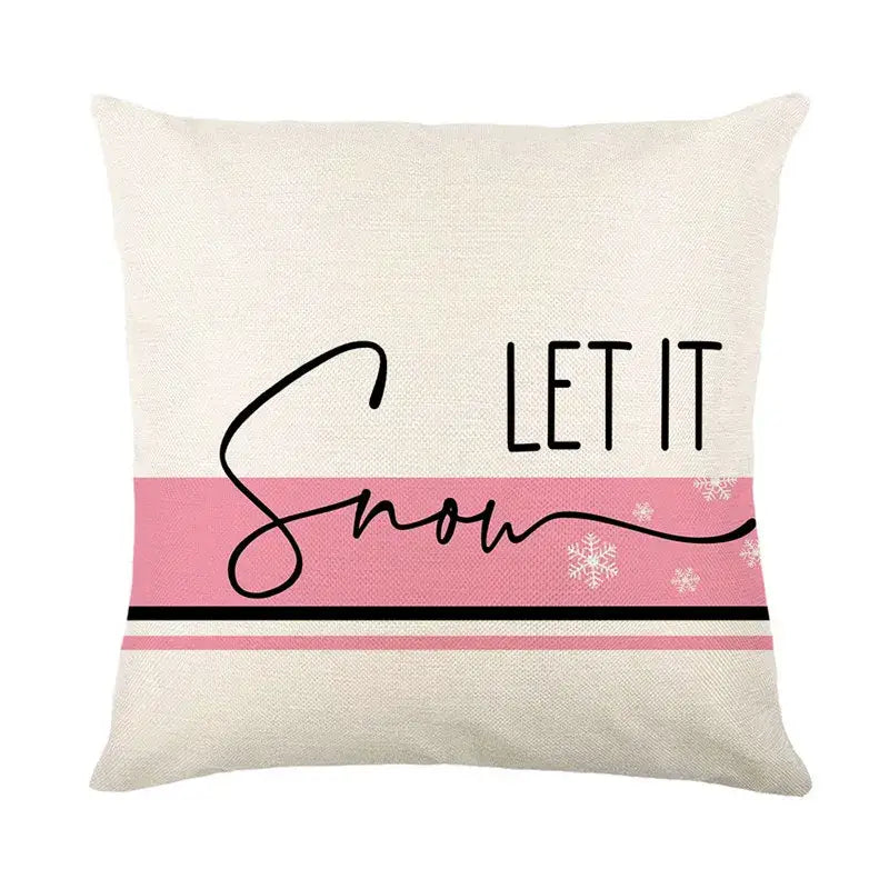 Cream-colored linen pillow cover with pink let it snow stripe and snowflakes for decorbites christmas santa sofa decor