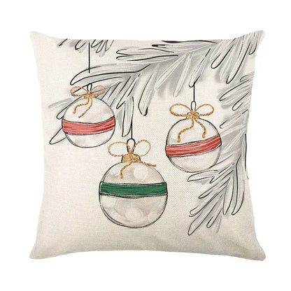 Beige linen pillow cover with festive hanging ornaments in red and green ribbons decorbites christmas santa design