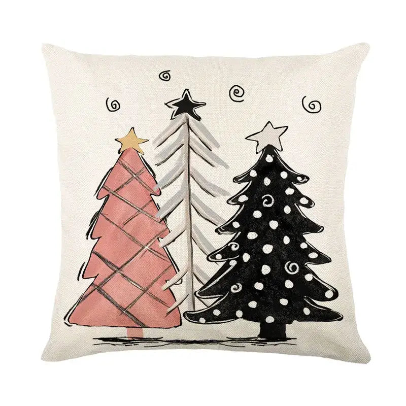 Beige linen pillow cover with decorbites christmas santa festive pink gray and black christmas trees illustration