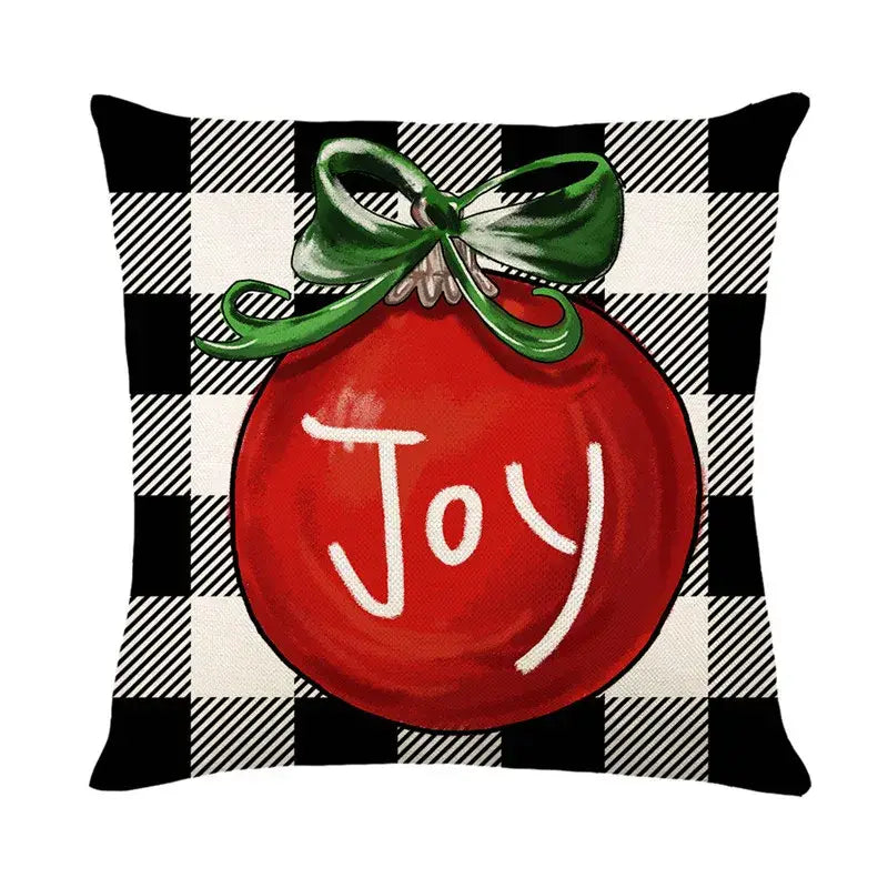 Decorbites christmas santa claus pillow cover red linen with green bow joy script on black and white checkered background